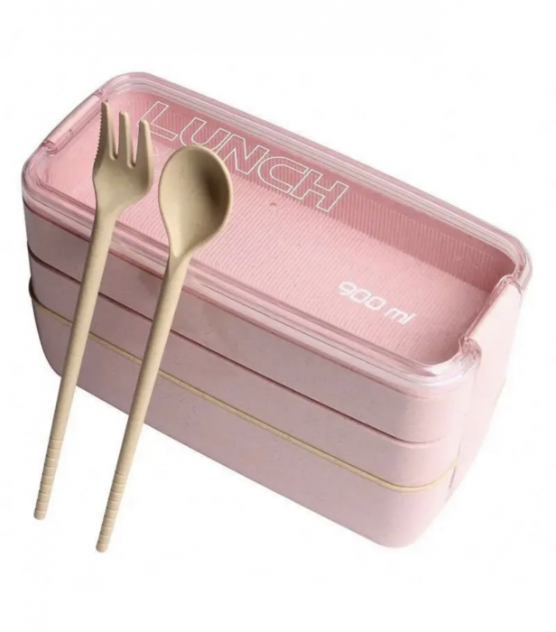 Caserola pentru mancare, 3 spatii depozitare, tacamuri incluse, 900ml, Bento Lunch Box [9]