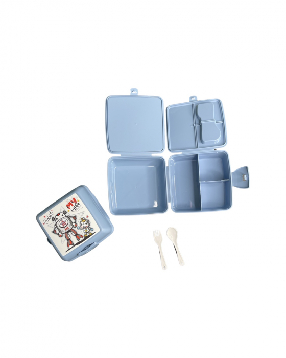 Caserola pliabila pentru mancare, 2 spatii depozitare, mini lingurita si furculita incluse, model roboti [4]