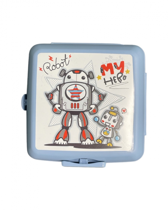 Caserola pliabila pentru mancare, 2 spatii depozitare, mini lingurita si furculita incluse, model roboti [10]