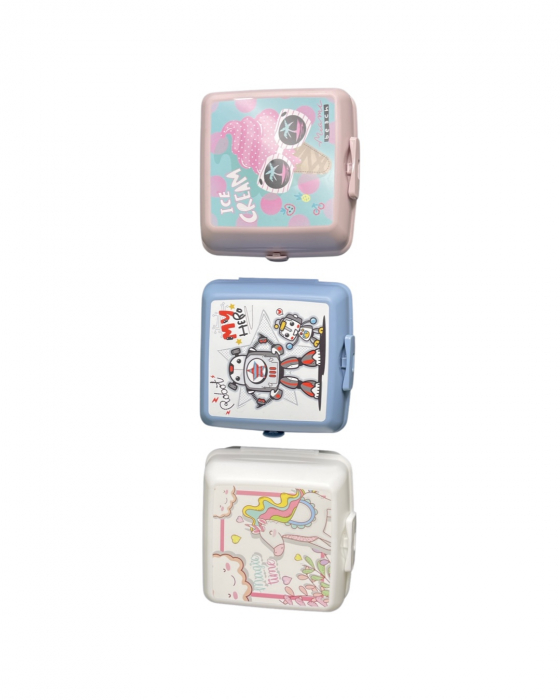 Caserola pliabila pentru mancare, 2 spatii depozitare, mini lingurita si furculita incluse, model roboti [14]