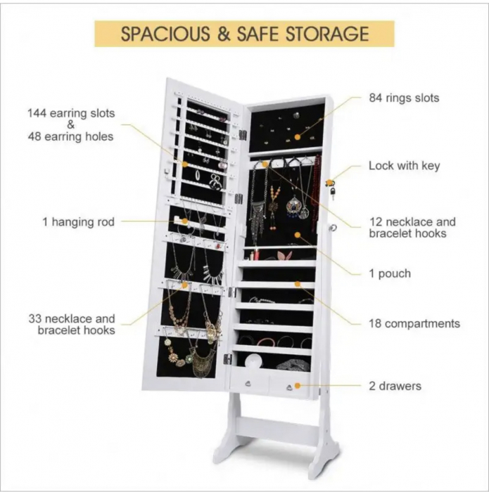 Dulap vertical pentru bijuterii si accesorii, cu oglinda si incuietoare, lemn MDF [5]