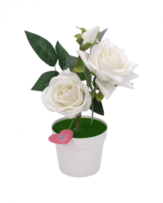 Floare decorativa, artificiala, in ghiveci de plastic, 2 trandafiri si un boboc [2]