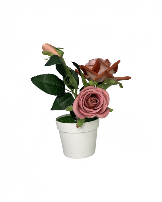 Floare decorativa, artificiala, in ghiveci de plastic, 2 trandafiri si un boboc [4]