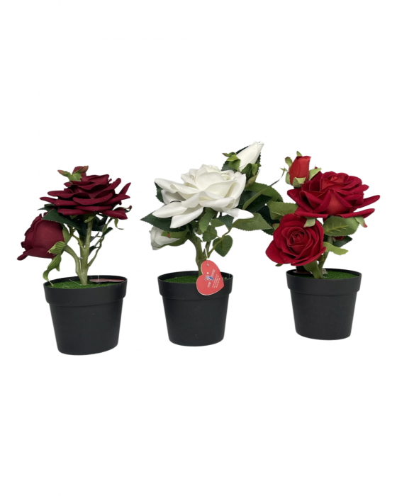 Floare decorativa, artificiala, in ghiveci de plastic, 2 trandafiri si un boboc [3]