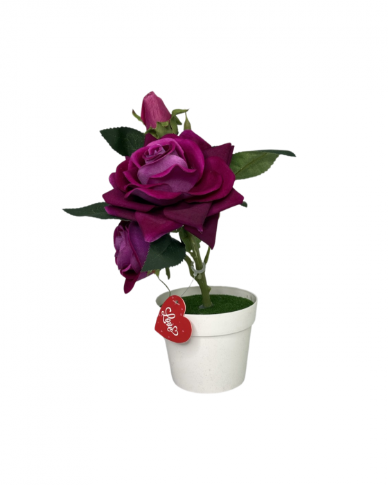 Floare decorativa, artificiala, in ghiveci de plastic, 2 trandafiri si un boboc [5]