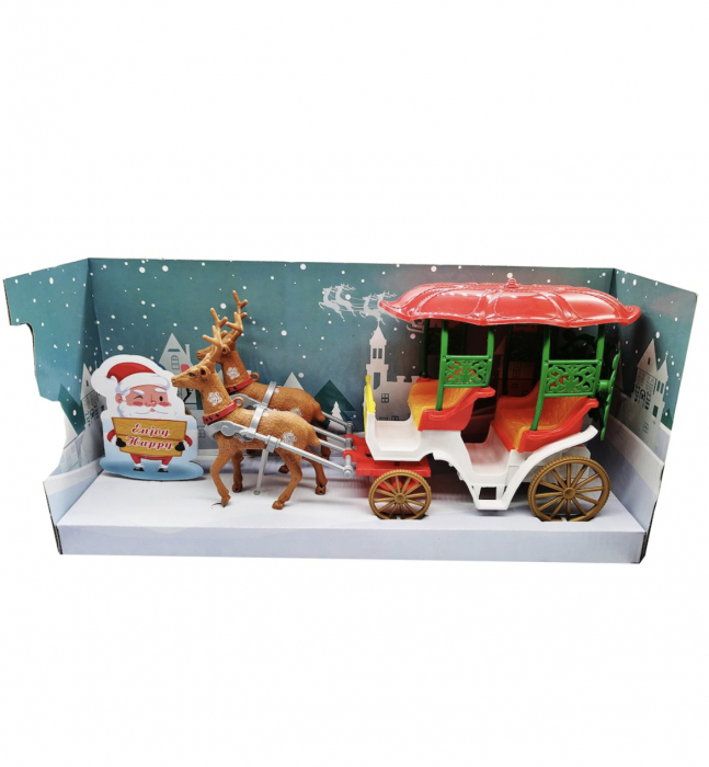 Jucarie sania lui Mos Craciun, 2 reni, cu muzica si lumini, 42cm. [2]