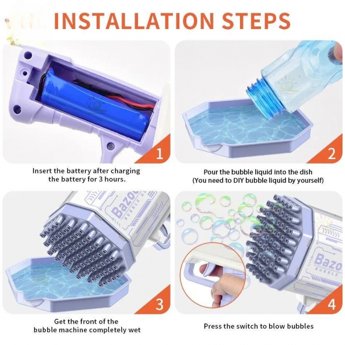 Pistol cu bule, 69 de gauri, luminate si cu sunet, producere automata a bulelor, Bazooka [6]