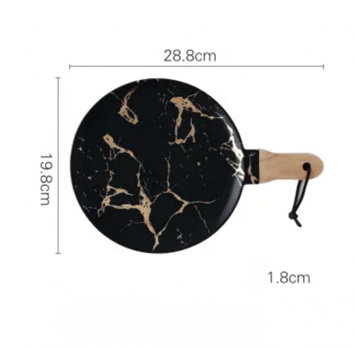 Platou ceramica, oval, cu maner din lemn, model marmura, 28.8x 19.8 cm [3]