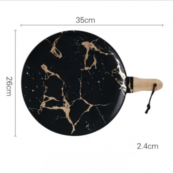 Platou ceramica, oval, cu maner din lemn, model marmura, 35x26cm [6]