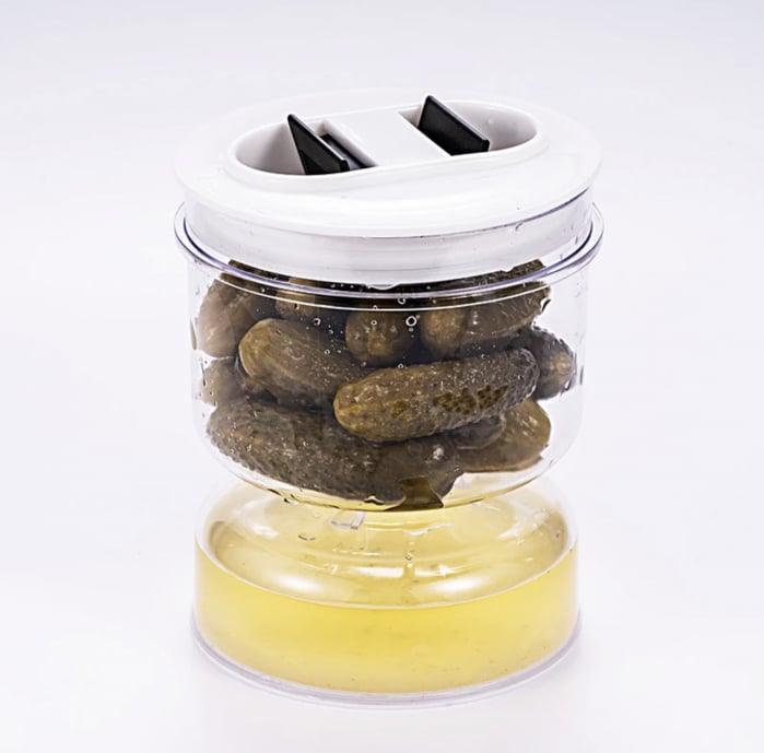 Recipient din plastic pentru muraturi, tip clepsidra, cu strecuratoare, transparent, 200ml [8]