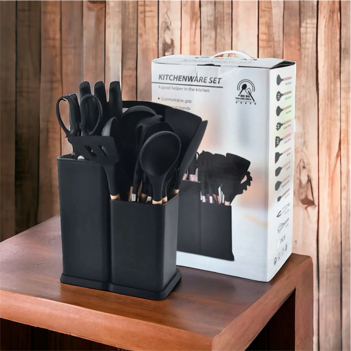 Set 19 ustensile pentru bucatarie din silicon, cu maner de lemn, suport si tocator [8]