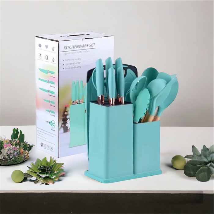 Set 19 ustensile pentru bucatarie din silicon, cu maner de lemn, suport si tocator [6]