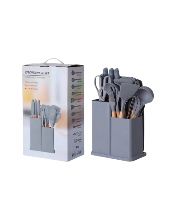 Set 19 ustensile pentru bucatarie din silicon, cu maner de lemn, suport si tocator [4]