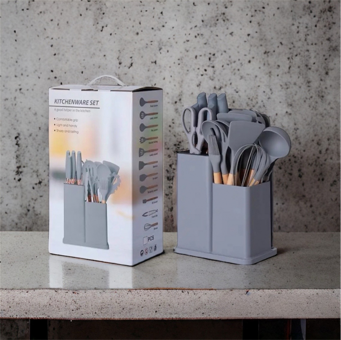 Set 19 ustensile pentru bucatarie din silicon, cu maner de lemn, suport si tocator [7]