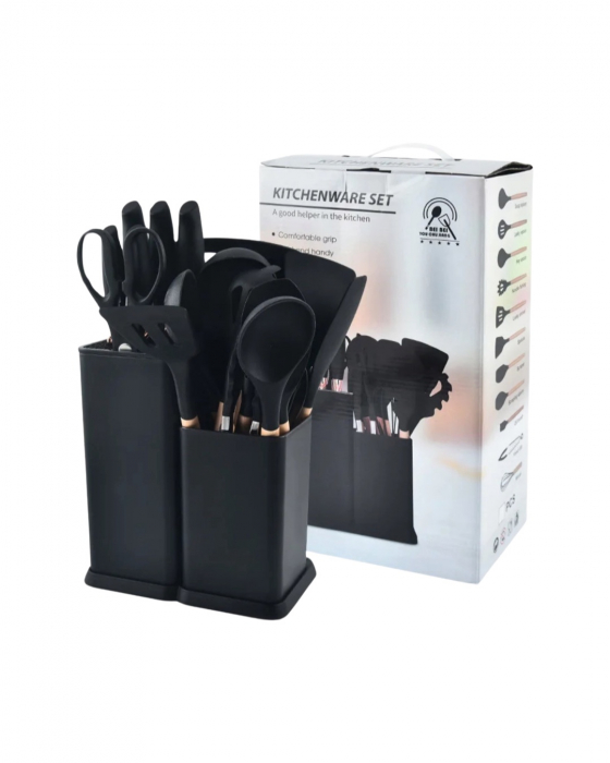 Set 19 ustensile pentru bucatarie din silicon, cu maner de lemn, suport si tocator [3]