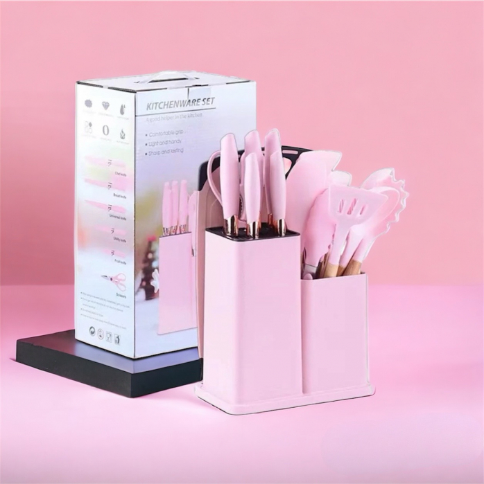 Set 19 ustensile pentru bucatarie din silicon, cu maner de lemn, suport si tocator [5]