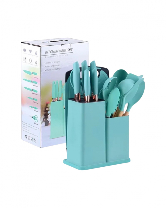 Set 19 ustensile pentru bucatarie din silicon, cu maner de lemn, suport si tocator [2]