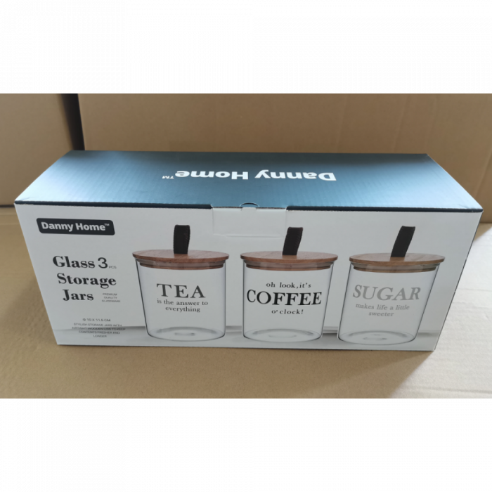 Set 3 recipiente sticla, cu capac din lemn, potrivite pentru cafea, ceai si zahar [2]