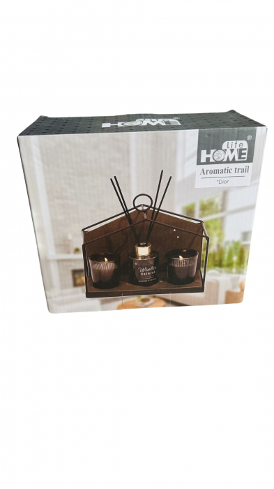 Set aromaterapie, 2 lumanari parfumate si un parfum cu betisoare pentru camera, suport metalic inclus [3]