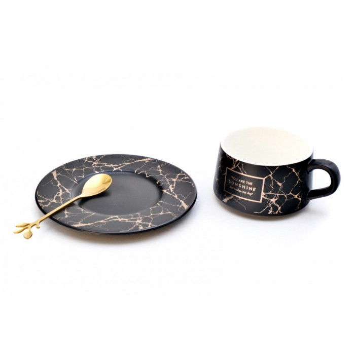 Set cana, farfurie si lingurita, ceramica, model marble [2]
