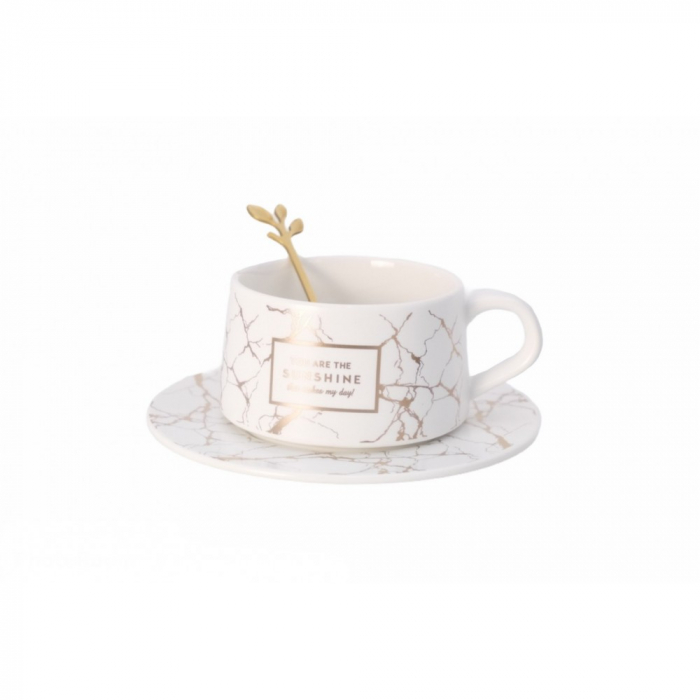 Set cana, farfurie si lingurita, ceramica, model marble [4]