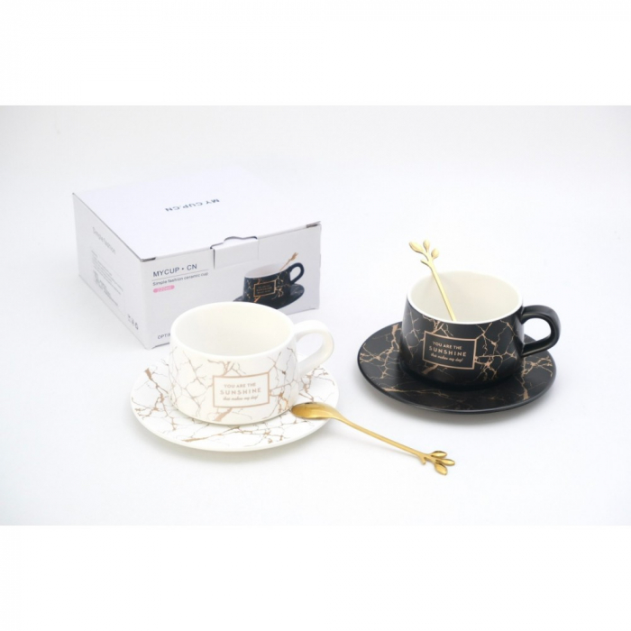 Set cana, farfurie si lingurita, ceramica, model marble [5]
