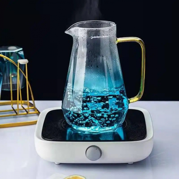 Set carafa sticla cu 6 pahare, manere aurii, tava si suport incluse, albastru-transparent [5]