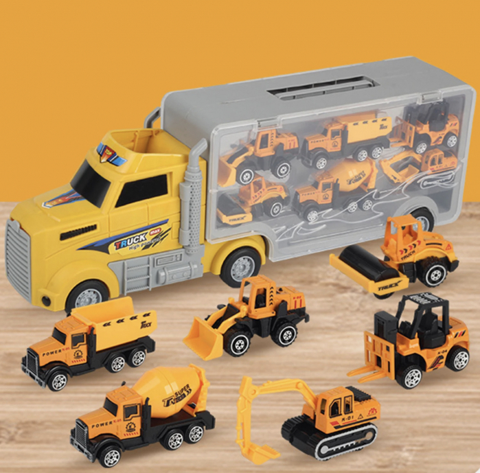 Set jucarie camion container, cu 6 vehicule constructie, rampa pentru descarcare si loc pentru depozitarea lor [4]