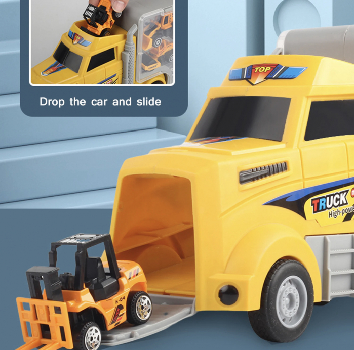 Set jucarie camion container, cu 6 vehicule constructie, rampa pentru descarcare si loc pentru depozitarea lor [6]