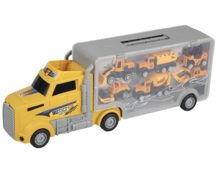 Set jucarie camion container, cu 6 vehicule constructie, rampa pentru descarcare si loc pentru depozitarea lor [7]