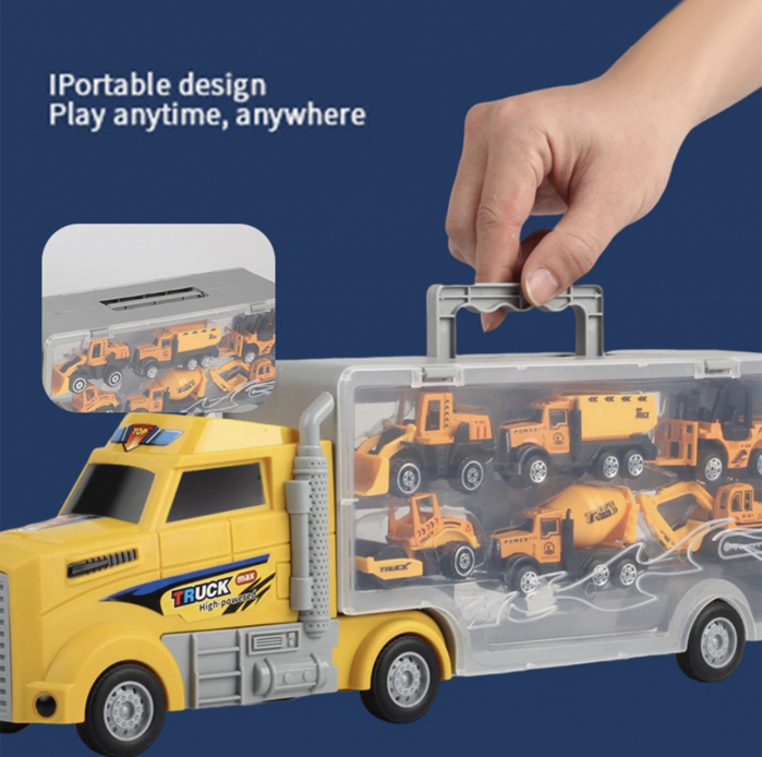 Set jucarie camion container, cu 6 vehicule constructie, rampa pentru descarcare si loc pentru depozitarea lor [5]