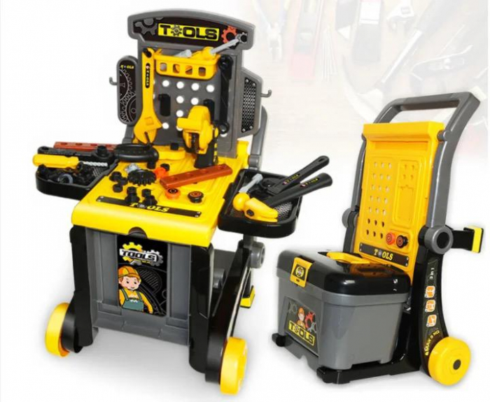 Set jucarie ustensile pentru constructie, 3 in 1, banc de lucru, valiza cu unelte incluse si carucior pentru deplasarea lor [4]