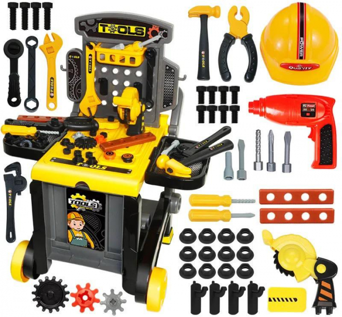 Set jucarie ustensile pentru constructie, 3 in 1, banc de lucru, valiza cu unelte incluse si carucior pentru deplasarea lor [5]