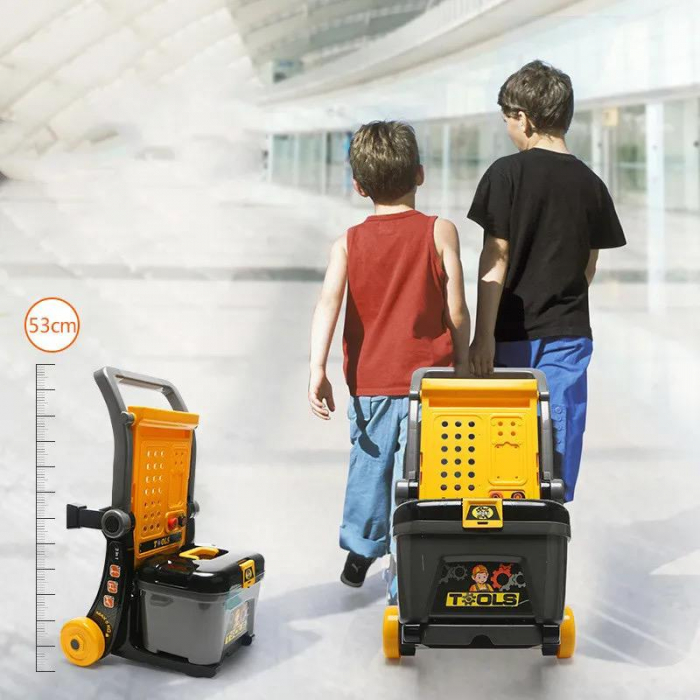 Set jucarie ustensile pentru constructie, 3 in 1, banc de lucru, valiza cu unelte incluse si carucior pentru deplasarea lor [7]