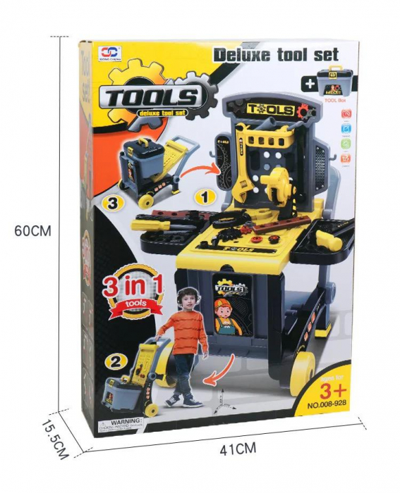 Set jucarie ustensile pentru constructie, 3 in 1, banc de lucru, valiza cu unelte incluse si carucior pentru deplasarea lor [2]