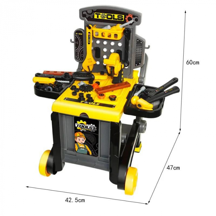 Set jucarie ustensile pentru constructie, 3 in 1, banc de lucru, valiza cu unelte incluse si carucior pentru deplasarea lor [6]