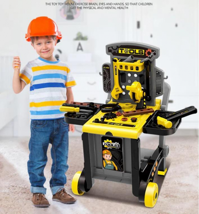 Set jucarie ustensile pentru constructie, 3 in 1, banc de lucru, valiza cu unelte incluse si carucior pentru deplasarea lor [3]