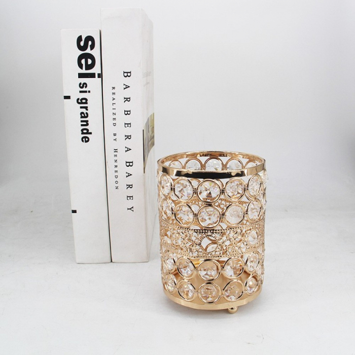 Suport pensule machiaj crystal, rotund, gold, cu model broderie [3]