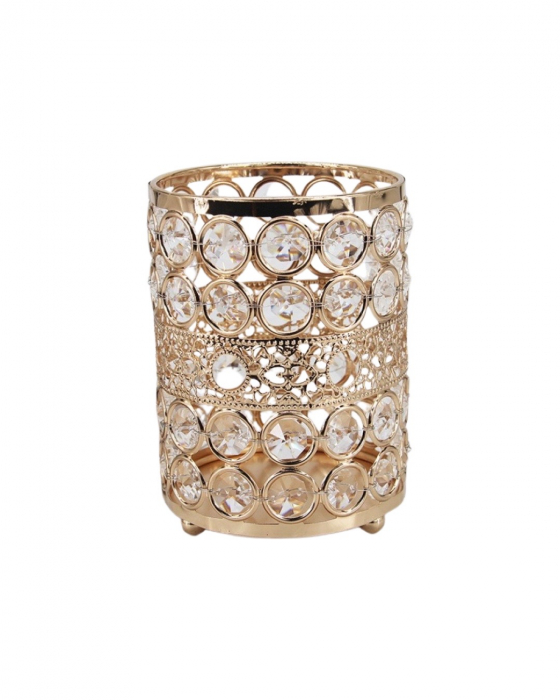 Suport pensule machiaj crystal, rotund, gold, cu model broderie [4]
