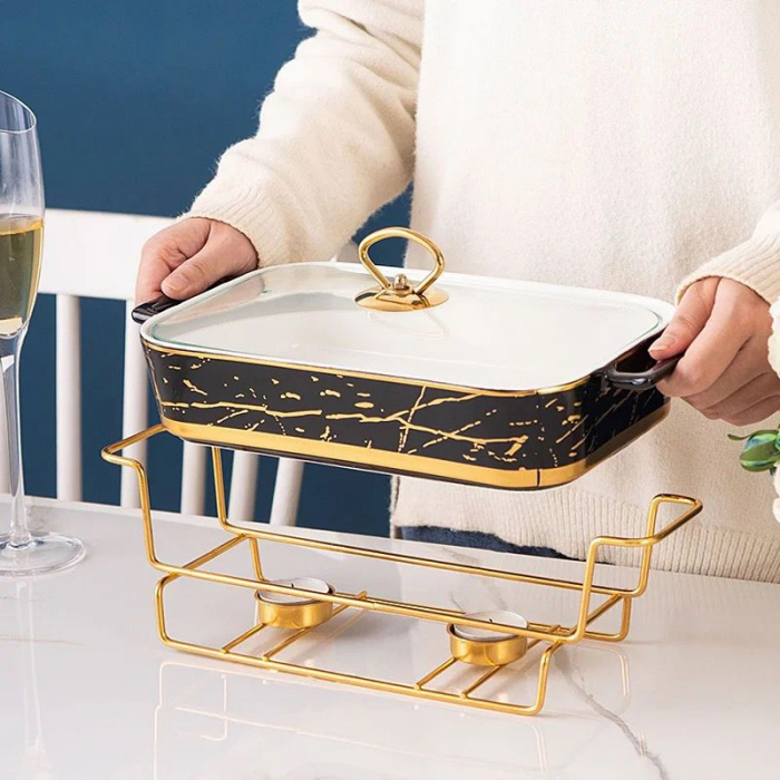 Tava pentru friptura din ceramica, cu capac sticla si suport pentru incalzit auriu,fier, model marmura, 26x17x6 cm [5]