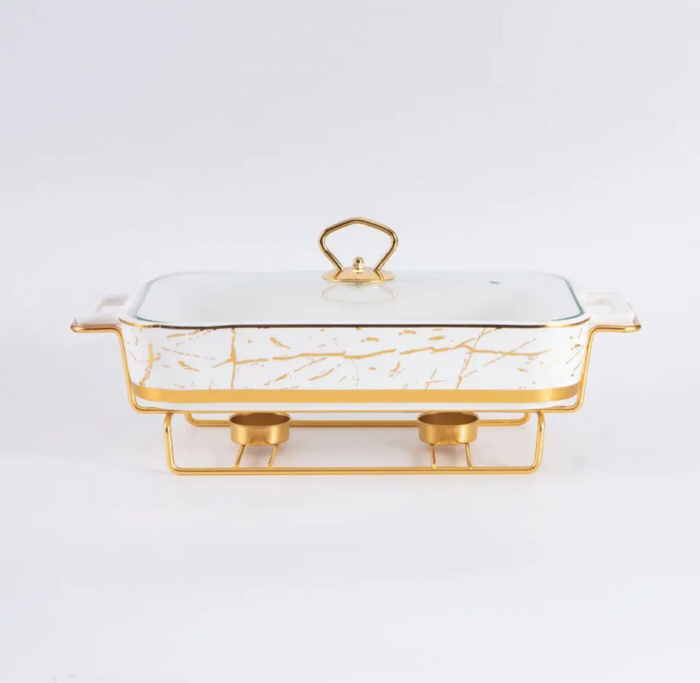 Tava pentru friptura din ceramica, cu capac sticla si suport pentru incalzit auriu,fier, model marmura, 34x22x6 cm [6]
