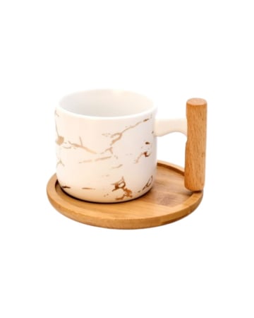Cana ceramica, model marmura, cu maner si farfurie din lemn, 250 ml. alb [1]