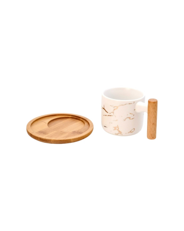 Decor - Cana ceramica, model marmura, cu maner si farfurie din lemn, 250 ml. alb
