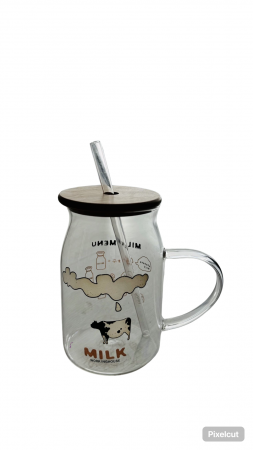 Cani, cesti si pahare - Cana sticla maner, capac din lemn si pai, model Milky, 500 ml