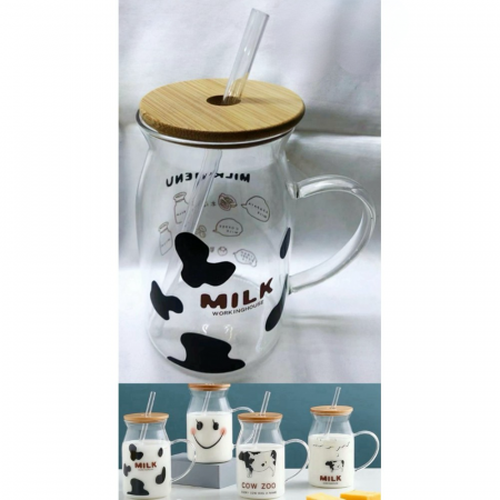 Cana sticla maner, capac din lemn si pai, model Milky, 500 ml [3]