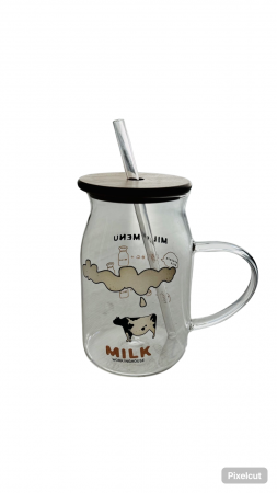 Cana sticla maner, capac din lemn si pai, model Milky, 500 ml [1]