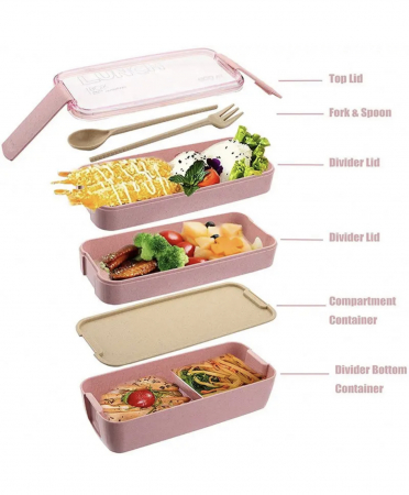 Caserola pentru mancare, 3 spatii depozitare, tacamuri incluse, 900ml, Bento Lunch Box [5]