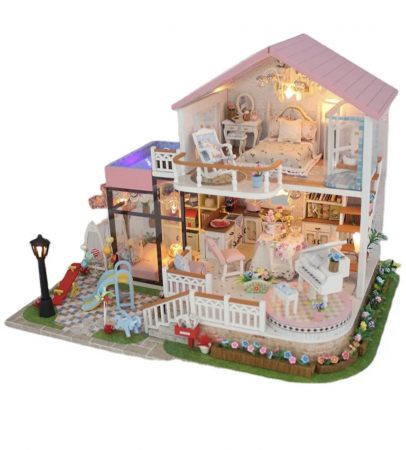 Jucarii - Kit constructie casuta pentru papusi in miniatura, cu lumini si accesorii pentru asamblarea ei