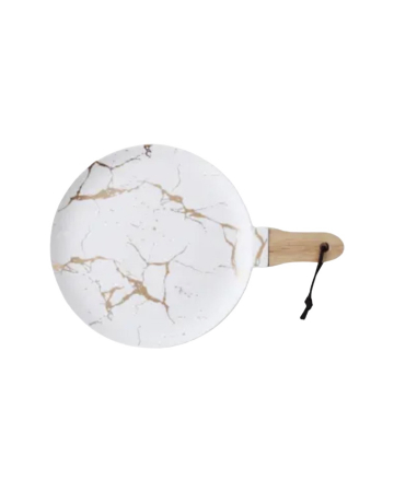 Marble Edition - Platou ceramica, oval, cu maner din lemn, model marmura, 28.8x 19.8 cm