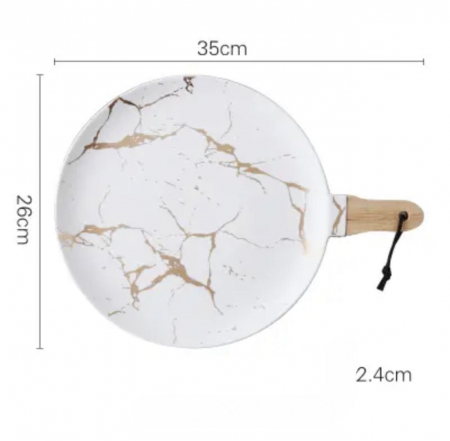 Platou ceramica, oval, cu maner din lemn, model marmura, 35x26cm [1]